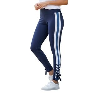 Navy Blue Lace Up Ankle Stripe High Rise Leggings Size L Cheering